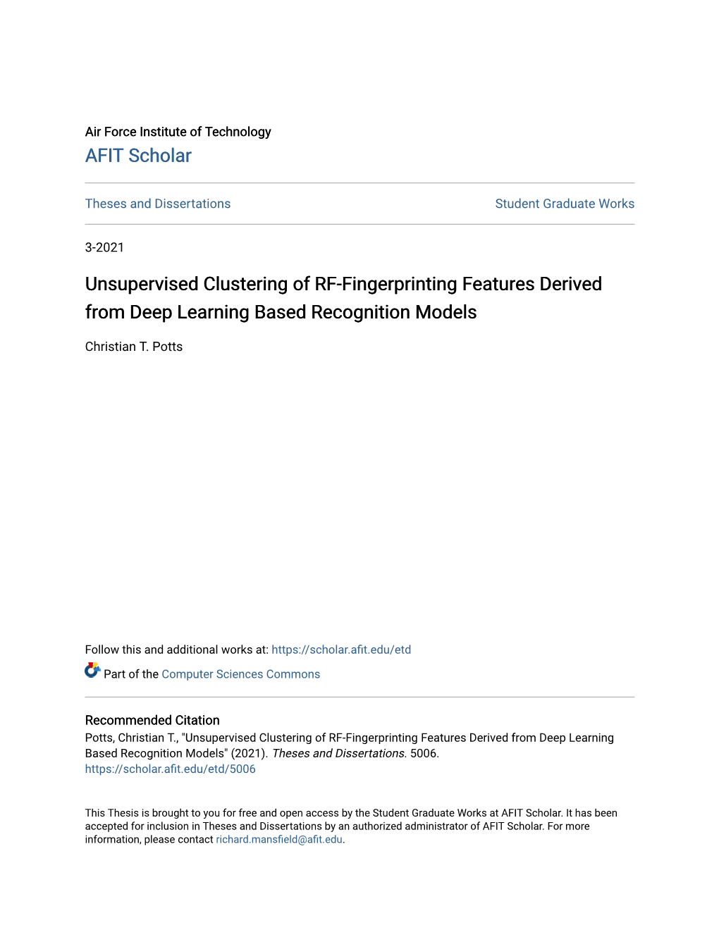 Unsupervised Clustering of RF-Fingerprinting Features Derived from Deep Learning Based Recognition Models