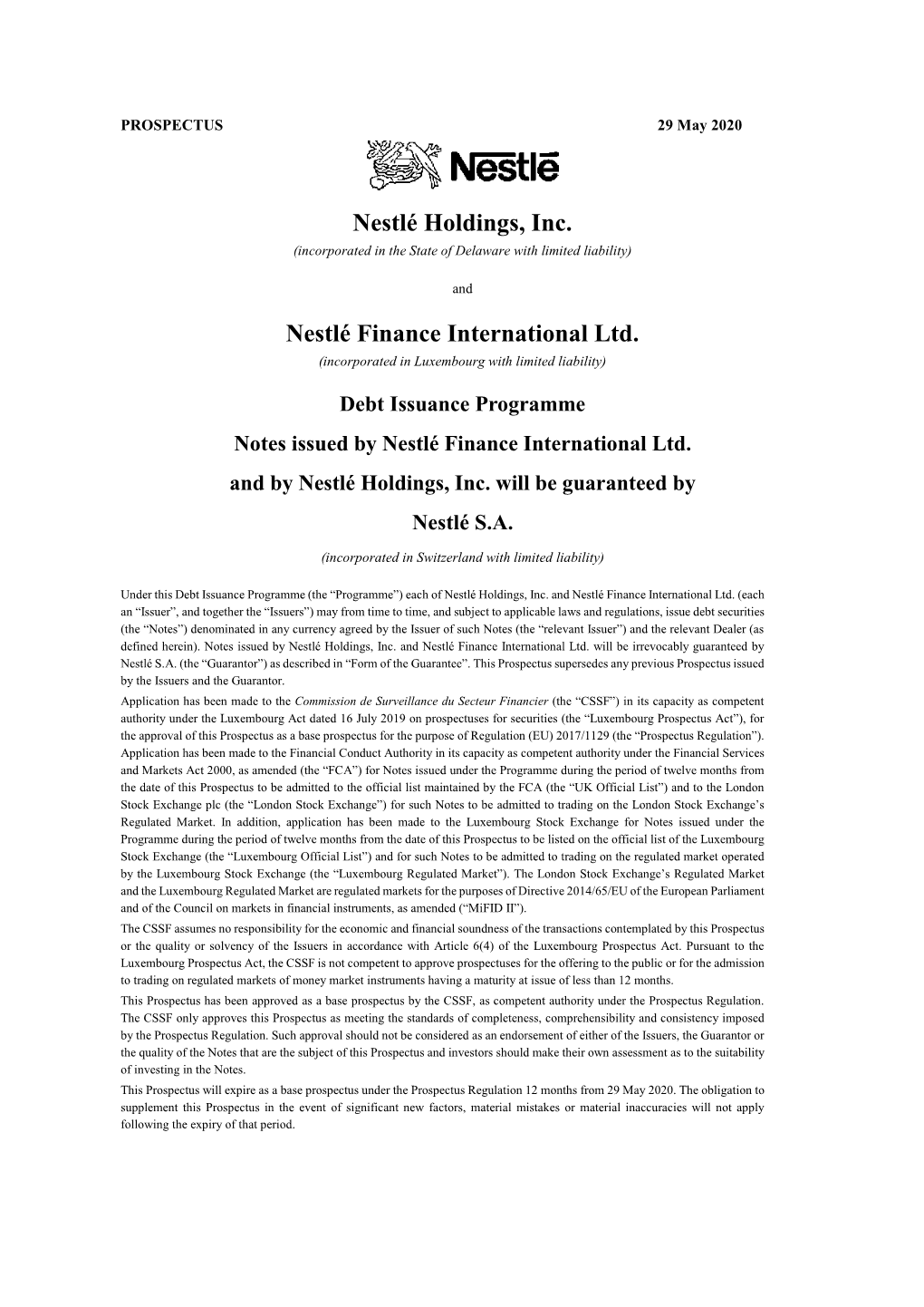 Nestlé Holdings, Inc. Nestlé Finance International Ltd