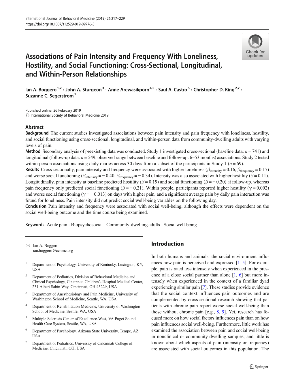 Associations of Pain Intensity and Frequency with Loneliness, Hostility, and Social Functioning: Cross-Sectional, Longitudinal, and Within-Person Relationships