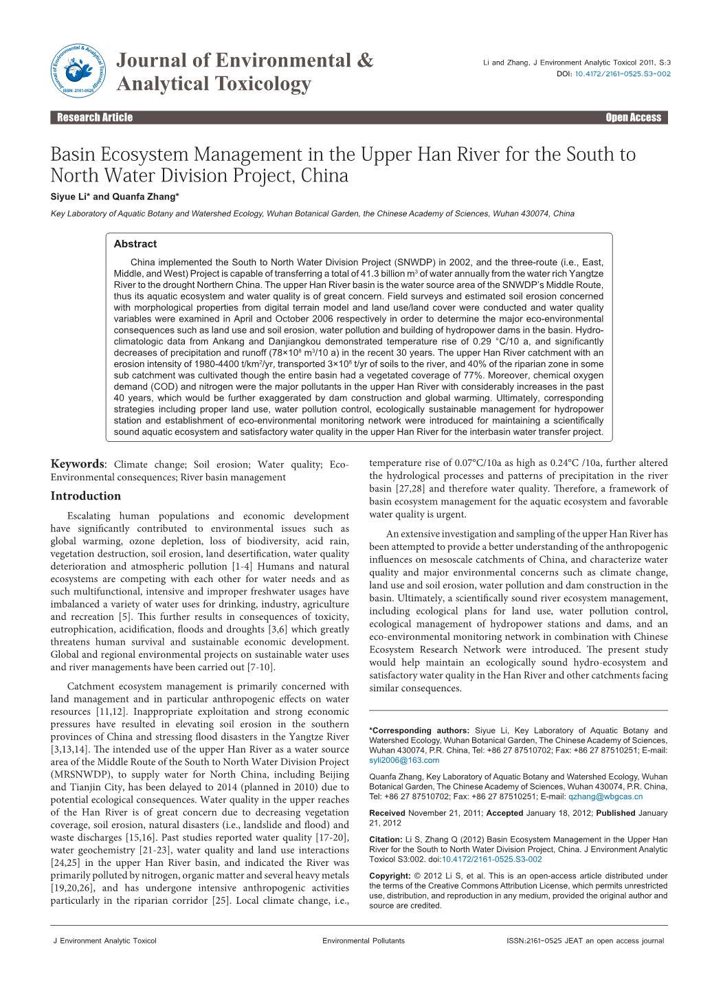 Basin Ecosystem Management in the Upper Han River for the South to North Water Division Project