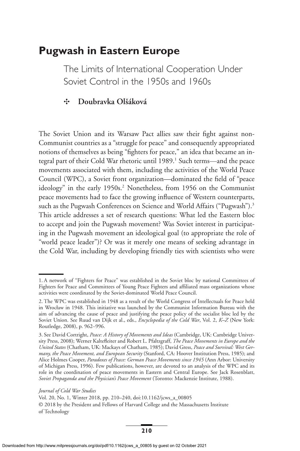 Pugwash in Eastern Europe the Limits of International Cooperation Under Soviet Control in the 1950S and 1960S