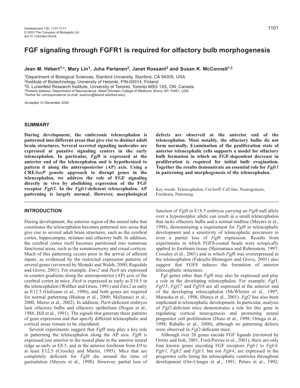 FGF Signaling Through FGFR1 Is Required for Olfactory Bulb Morphogenesis