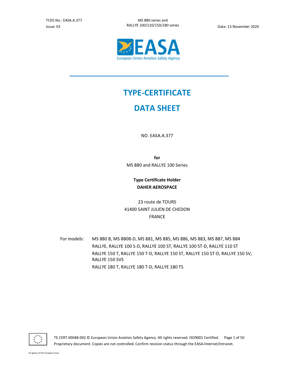 EASA-TCDS a 377 MS 880 and Rallye 100 150 and 180 Series Issue 03