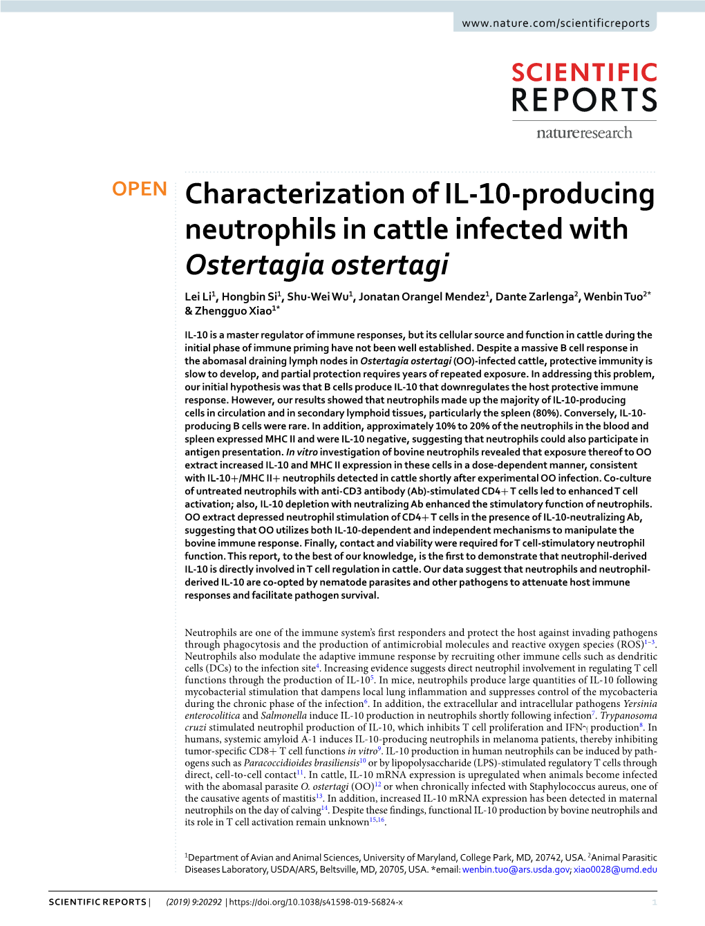 Characterization of IL-10-Producing Neutrophils in Cattle Infected With
