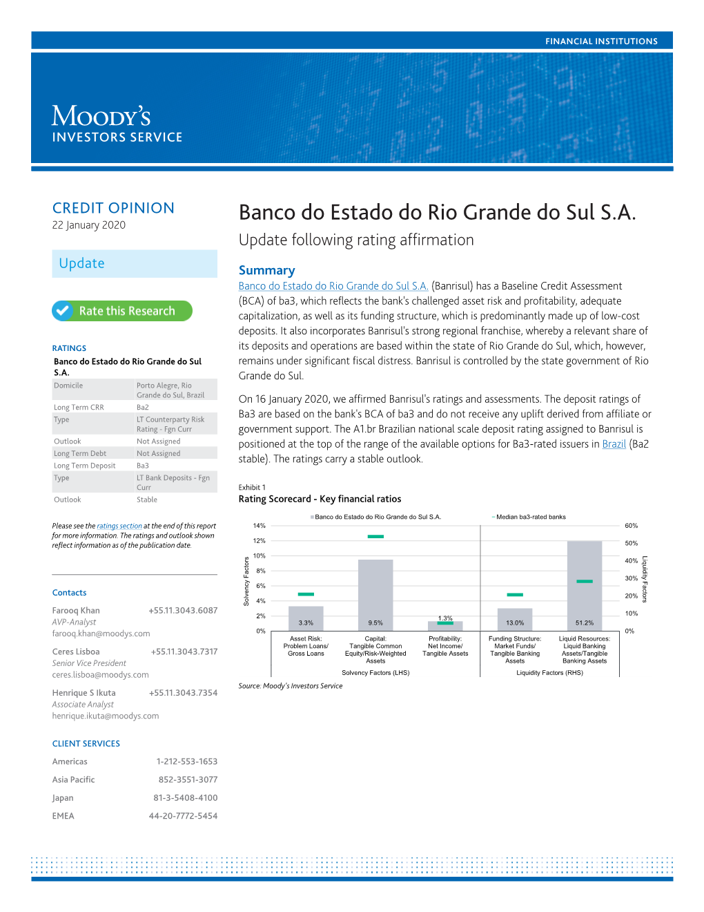 Banco Do Estado Do Rio Grande Do Sul S.A. 22 January 2020 Update Following Rating Affirmation