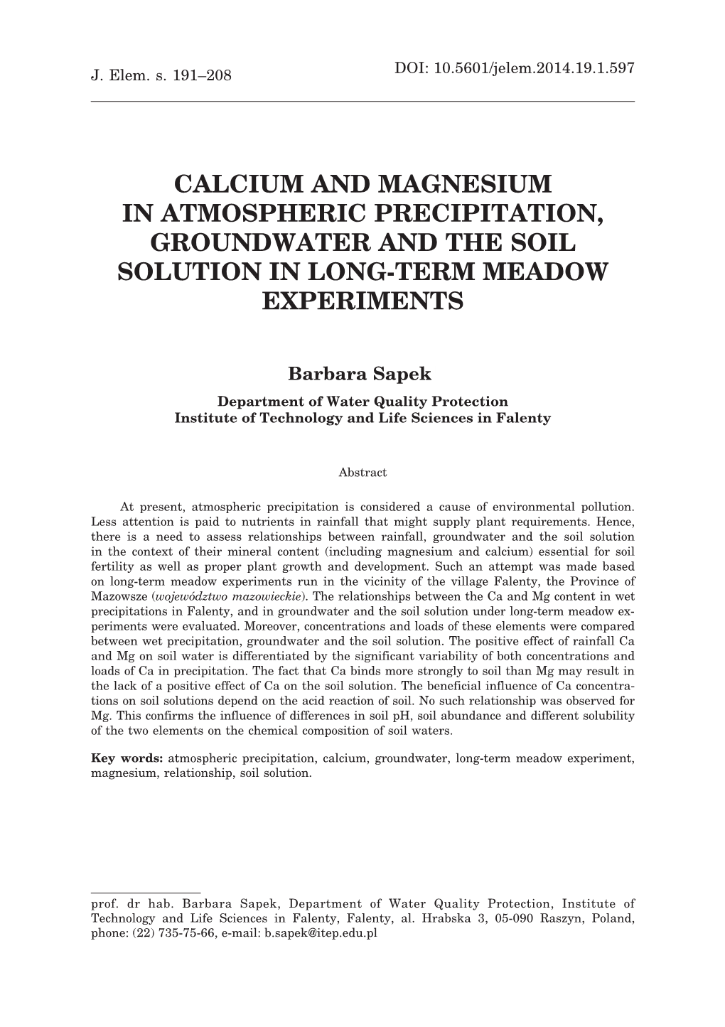Calcium and Magnesium in Atmospheric Precipitation, Groundwater and the Soil Solution in Long-Term Meadow Experiments