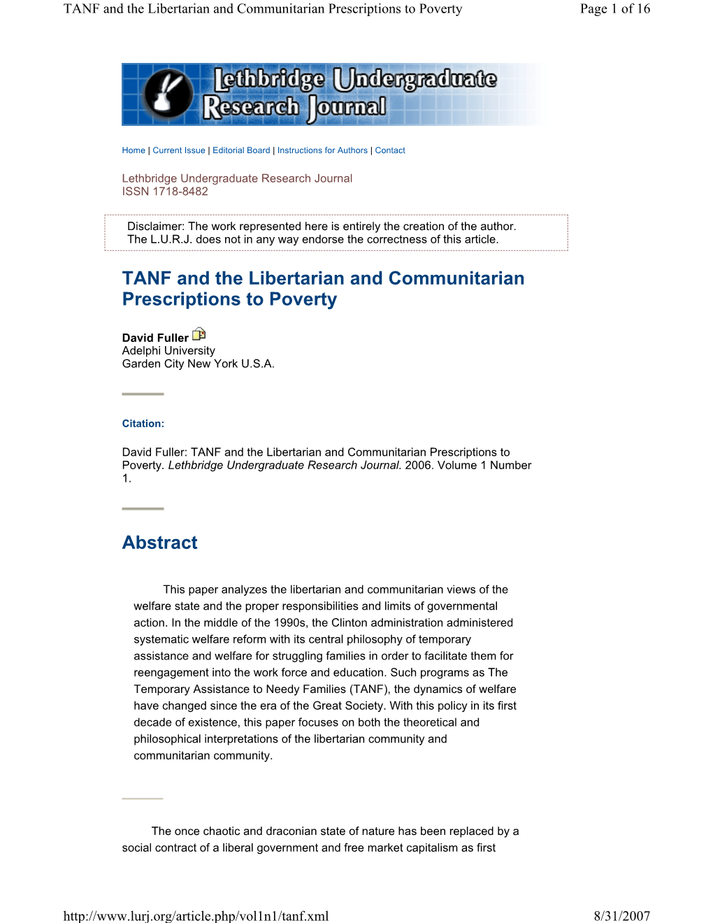 TANF and the Libertarian and Communitarian Prescriptions to Poverty Page 1 of 16