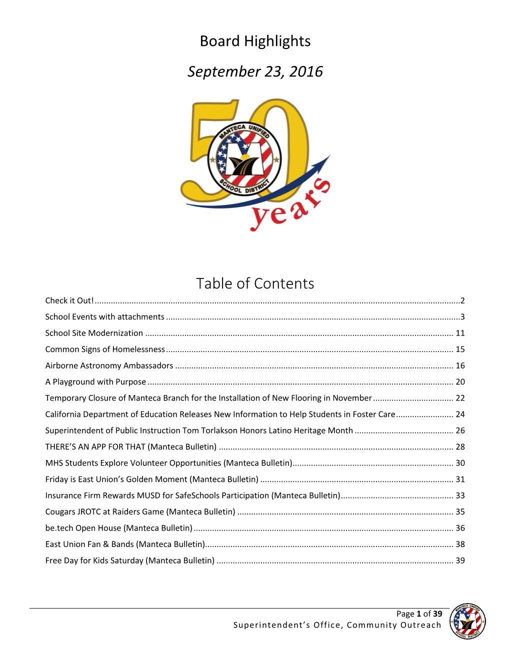 Board Highlights September 23, 2016 Table of Contents