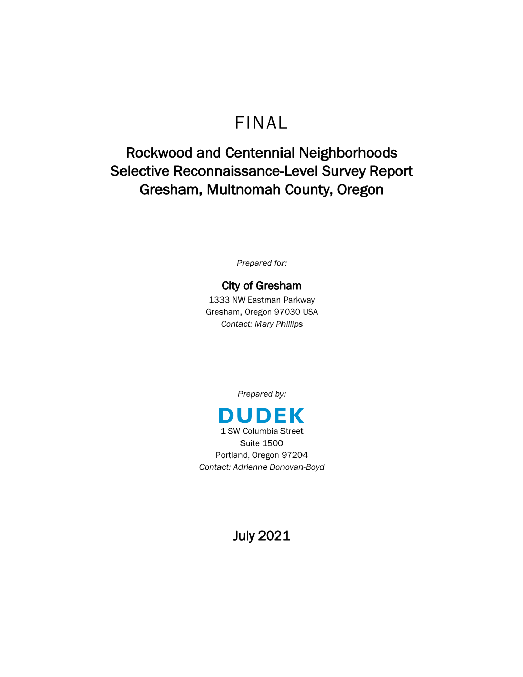 Rockwood and Cenetnnial Survey Report
