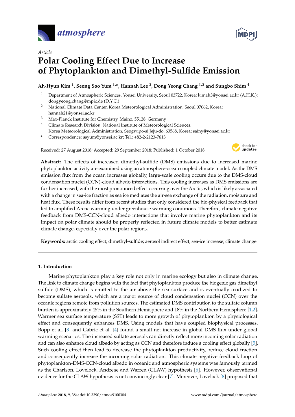 Polar Cooling Effect Due to Increase of Phytoplankton and Dimethyl-Sulfide Emission