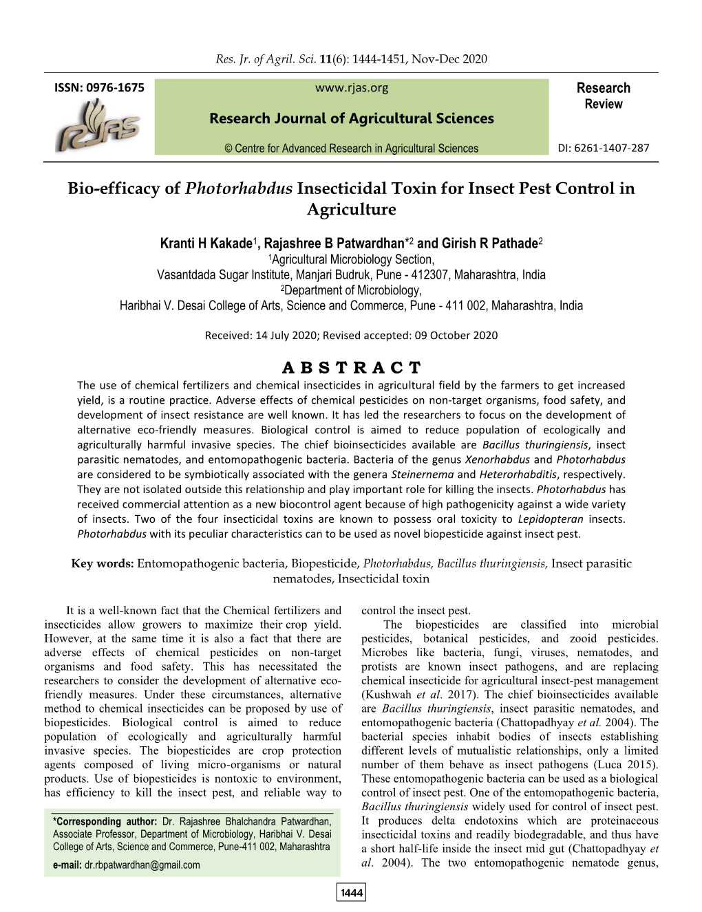 Bio-Efficacy of Photorhabdus Insecticidal Toxin for Insect Pest Control in Agriculture