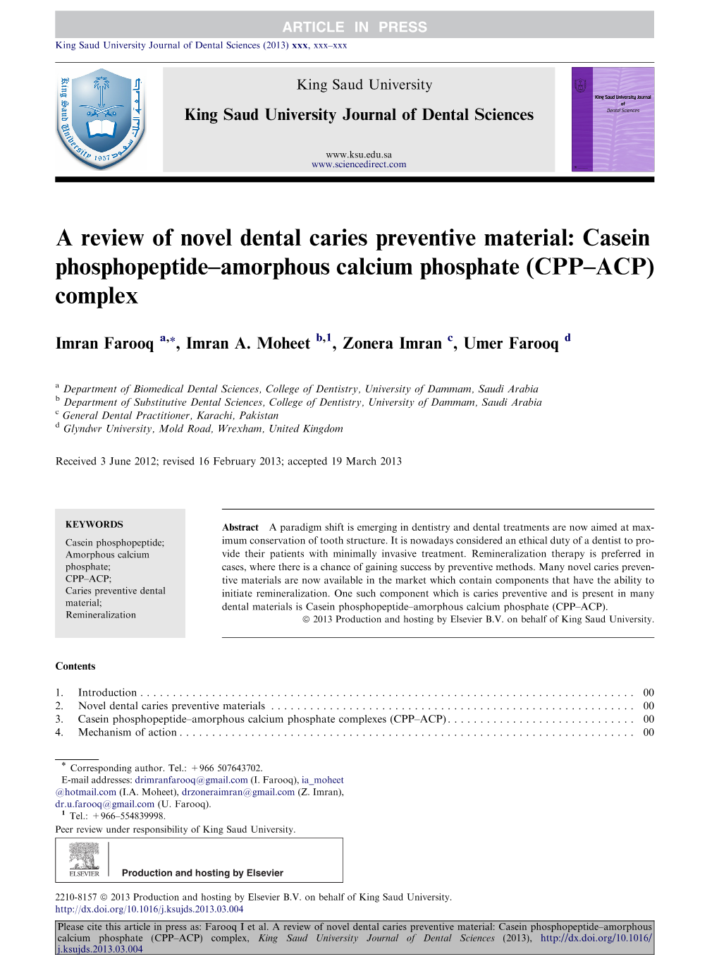 “Amorphous Calcium Phosphate (Cppâ€“ACP) C