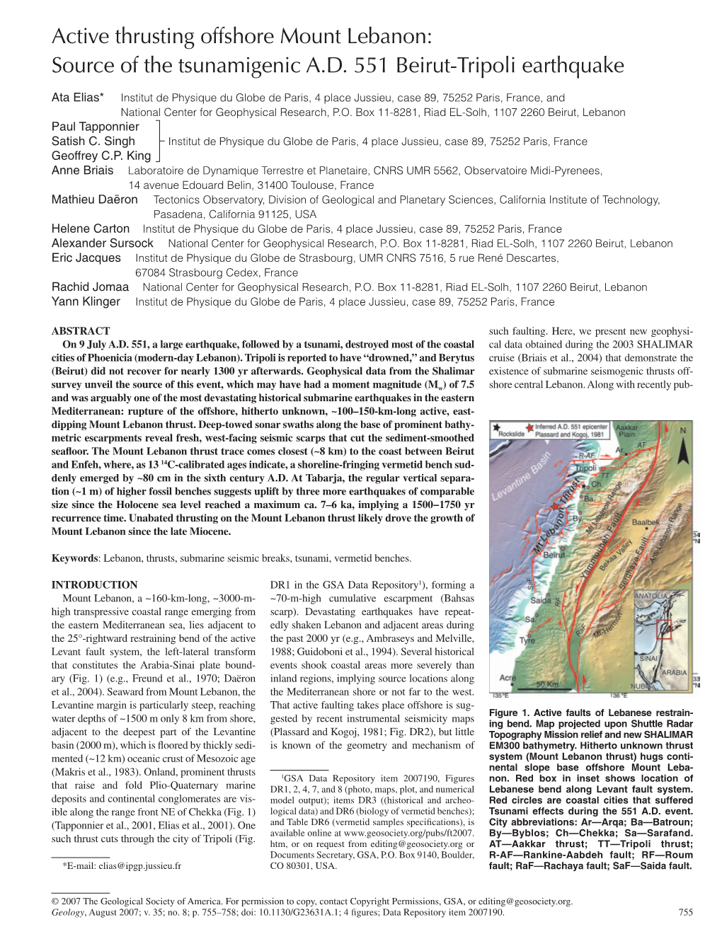 Active Thrusting Offshore Mount Lebanon: Source of the Tsunamigenic A.D. 551 Beirut-Tripoli Earthquake