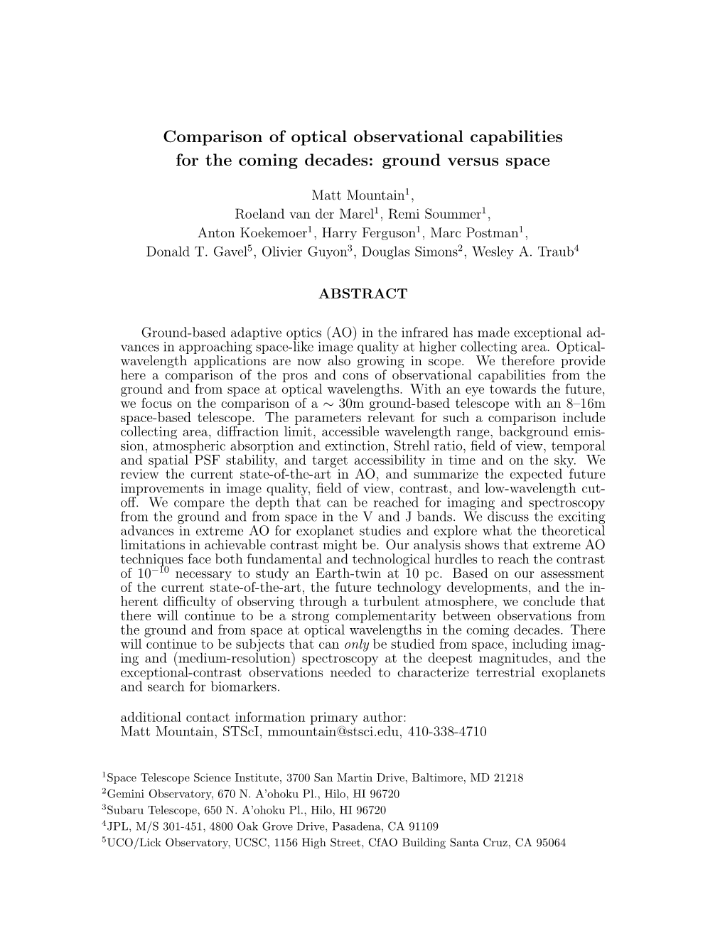 Comparison of Optical Observational Capabilities for the Coming Decades: Ground Versus Space