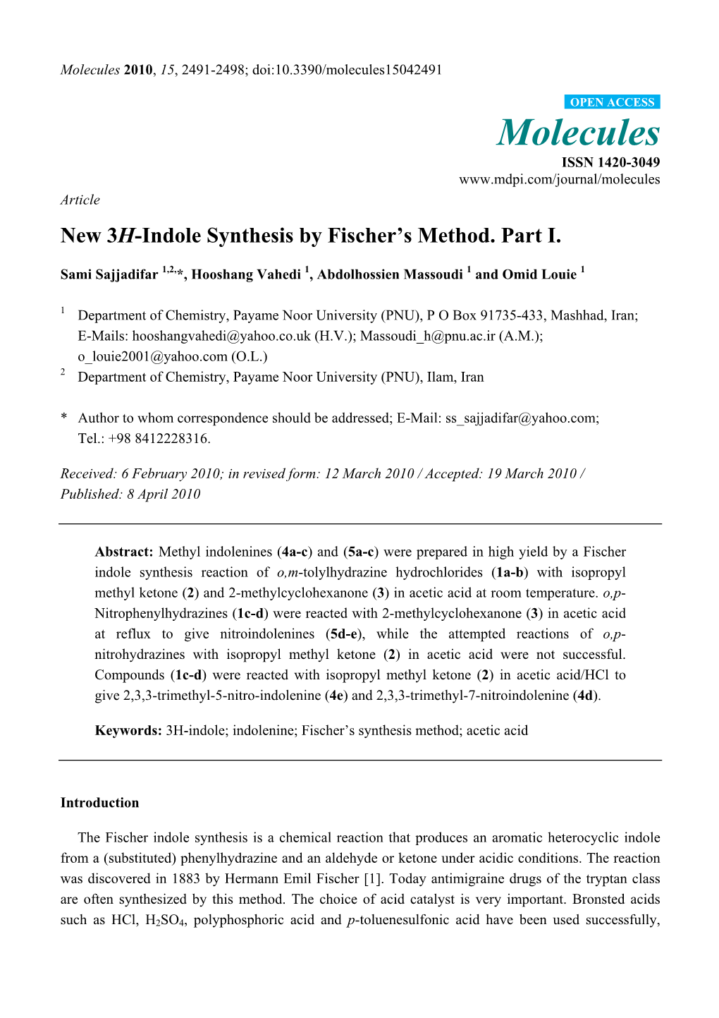 New 3H-Indole Synthesis by Fischer's Method. Part I