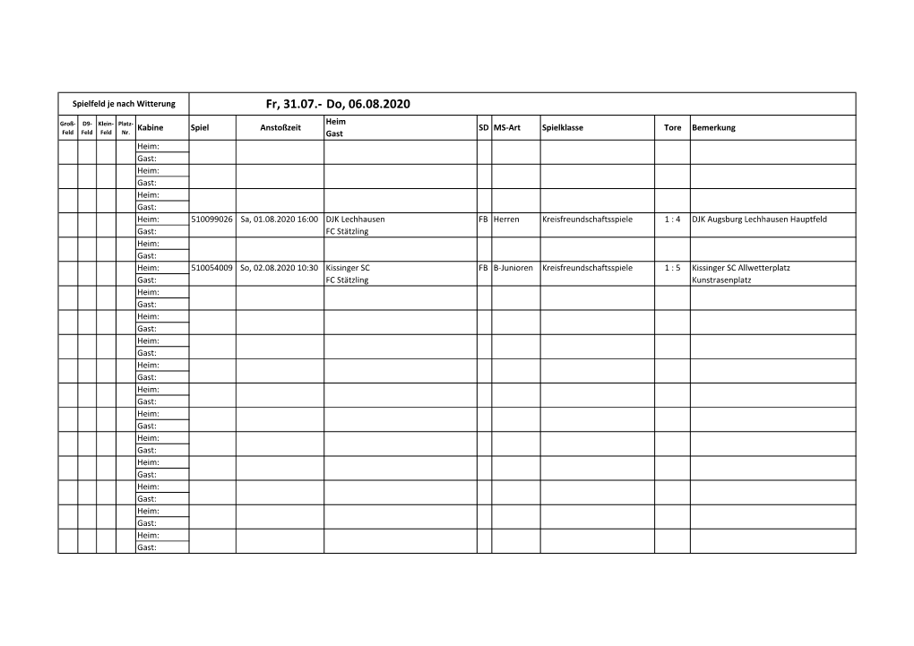 Fr, 31.07.- Do, 06.08.2020 Heim Groß- D9- Klein- Platz- Kabine Spiel Anstoßzeit SD MS-Art Spielklasse Tore Bemerkung Feld Feld Feld Nr