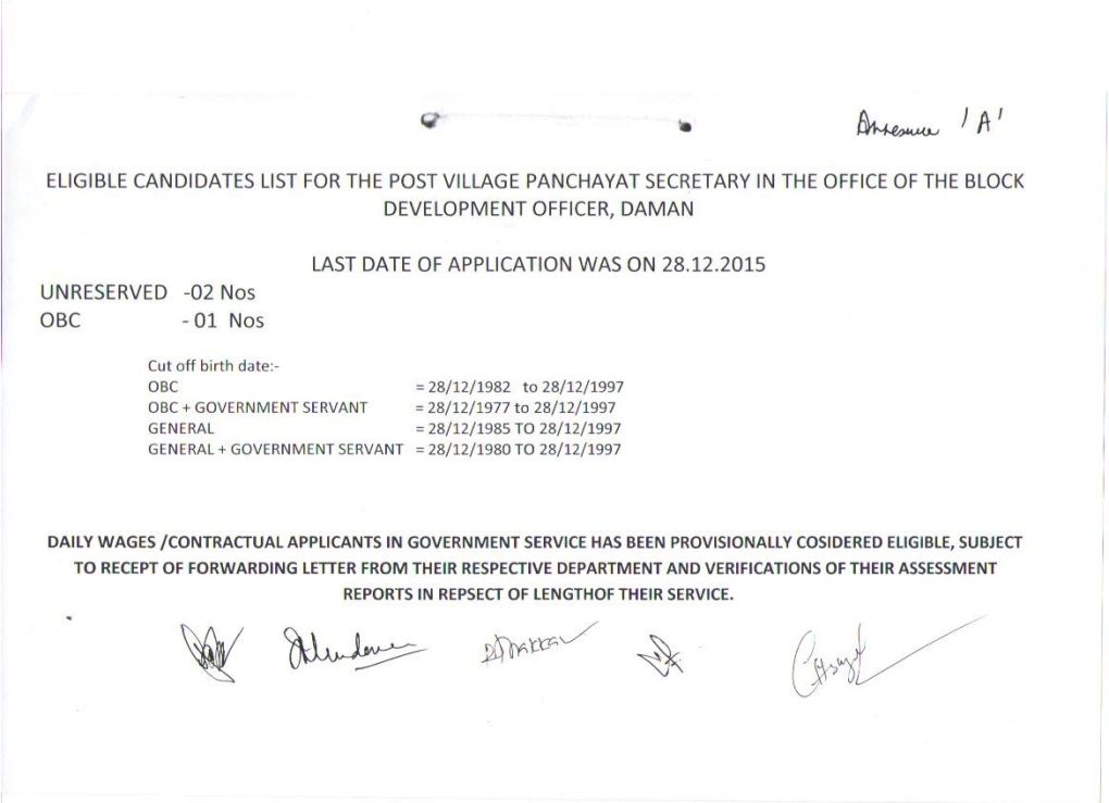 Provisional Eligible Candidate List for the Post of Village Panchayat