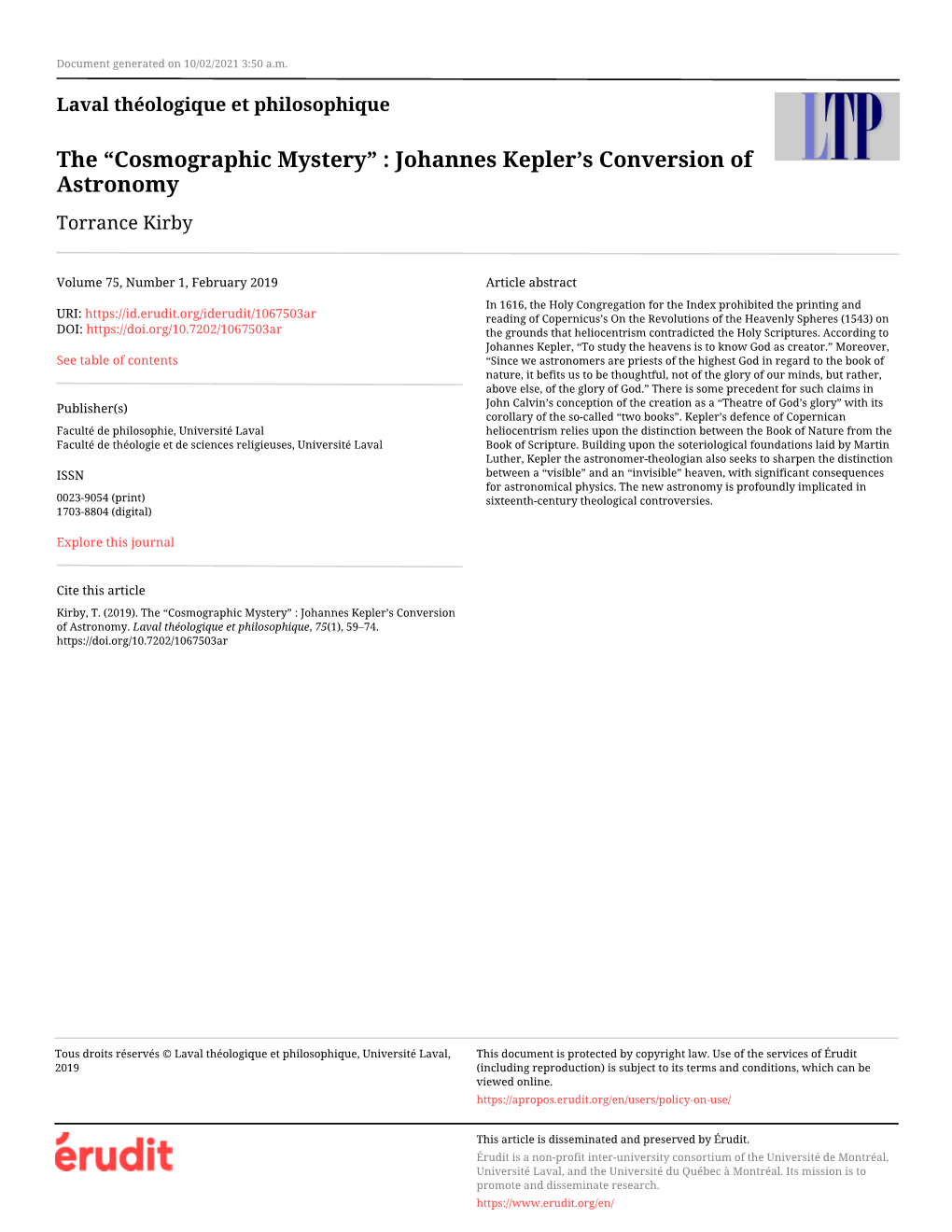 The “Cosmographic Mystery” : Johannes Kepler's Conversion Of