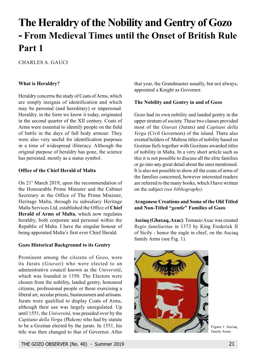 The Heraldry of the Nobility and Gentry of Gozo - from Medieval Times Until the Onset of British Rule Part 1