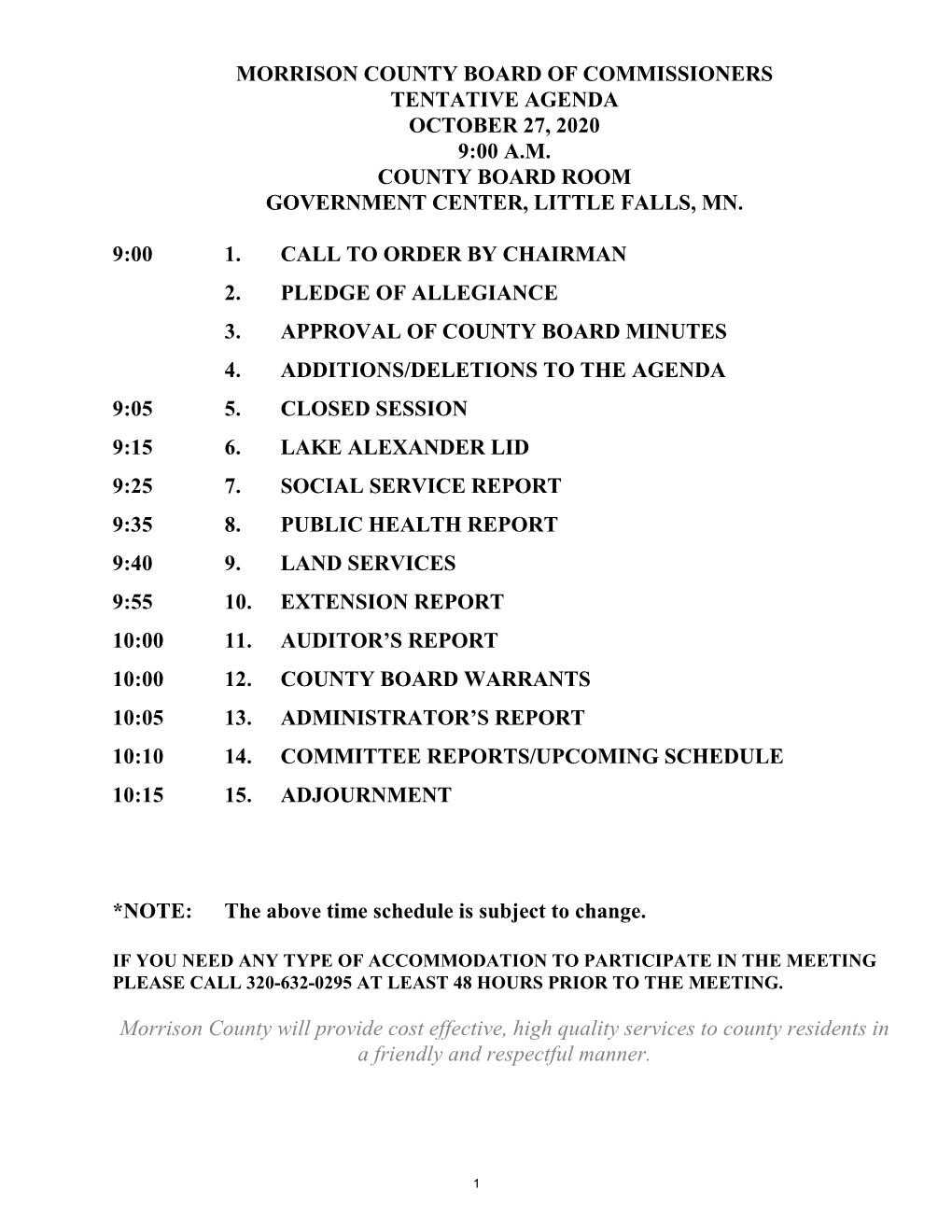 Morrison County Board of Commissioners Tentative Agenda October 27, 2020 9:00 A.M