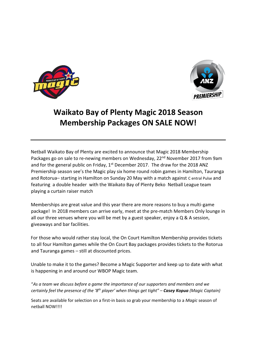 Waikato Bay of Plenty Magic 2018 Season Membership Packages on SALE NOW!