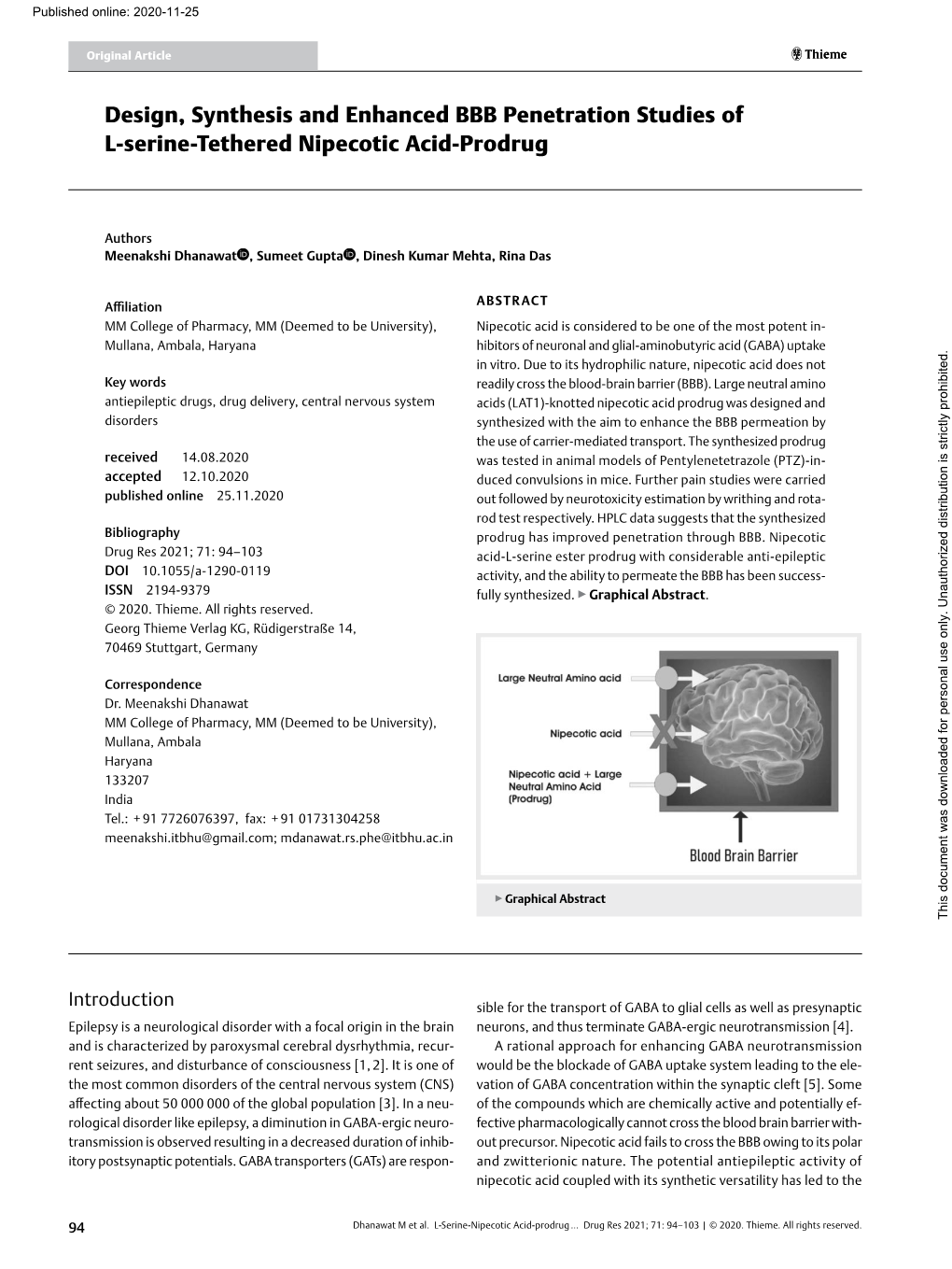 Design, Synthesis and Enhanced BBB Penetration Studies of L-Serine-Tethered Nipecotic Acid-Prodrug