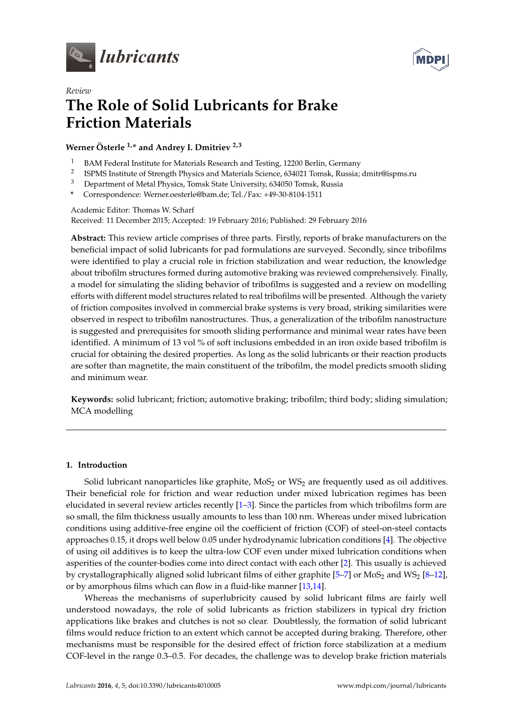 The Role of Solid Lubricants for Brake Friction Materials