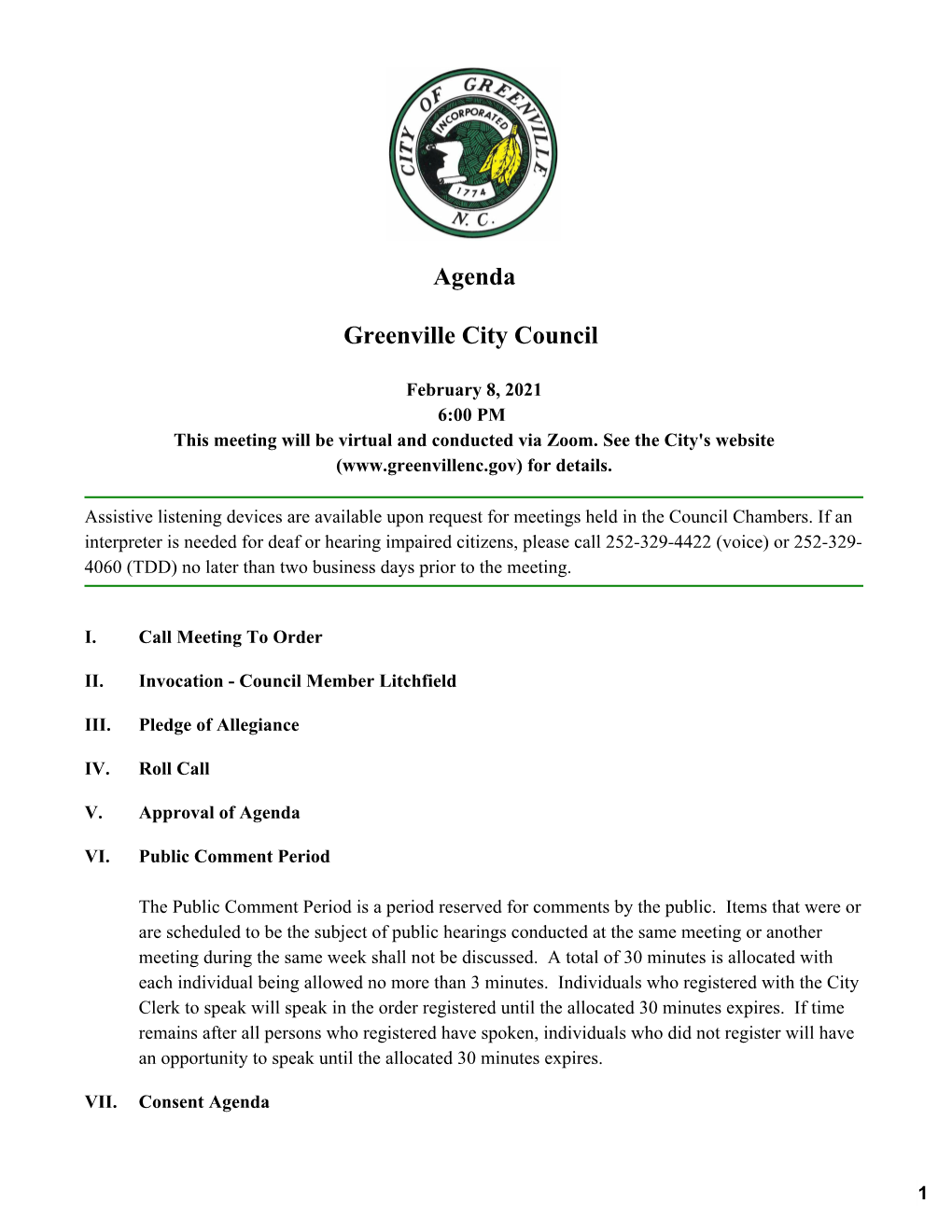 Agenda Greenville City Council