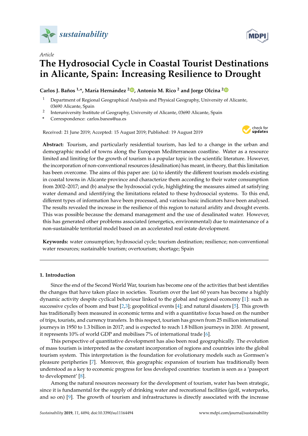 The Hydrosocial Cycle in Coastal Tourist Destinations in Alicante, Spain: Increasing Resilience to Drought