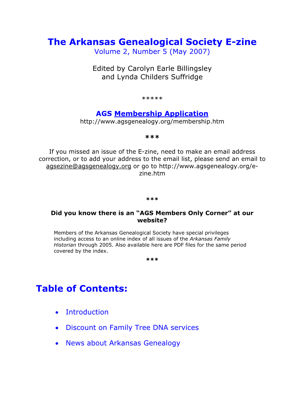 The Arkansas Genealogical Society E-Zine Volume 2, Number 5 (May 2007)