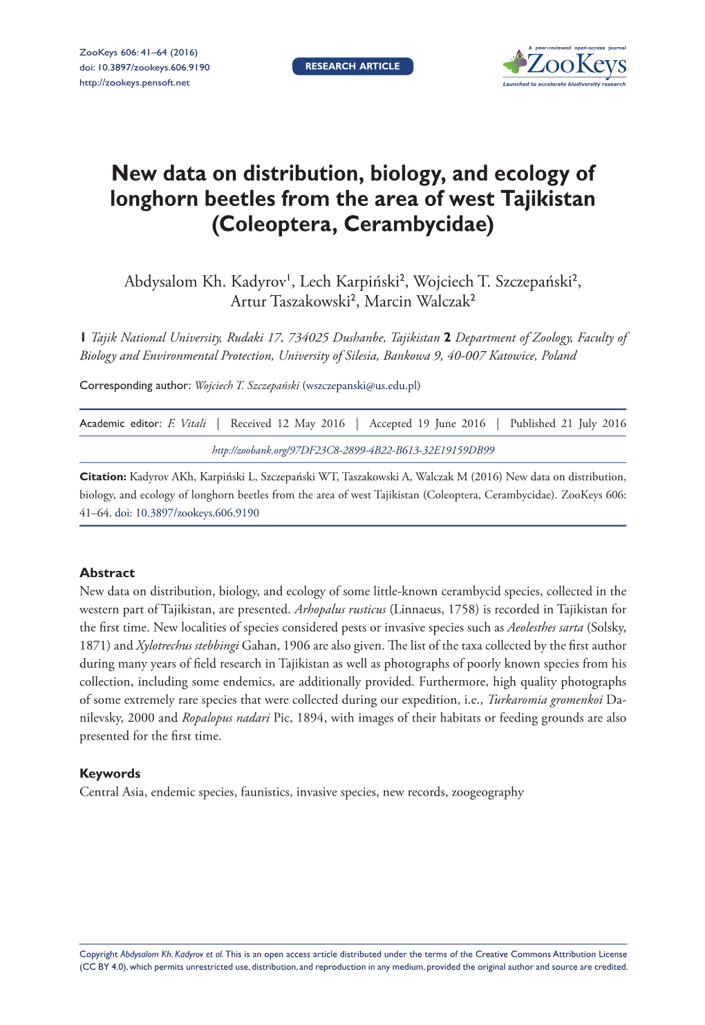 New Data on Distribution, Biology, and Ecology of Longhorn Beetles from the Area of West Tajikistan (Coleoptera, Cerambycidae)