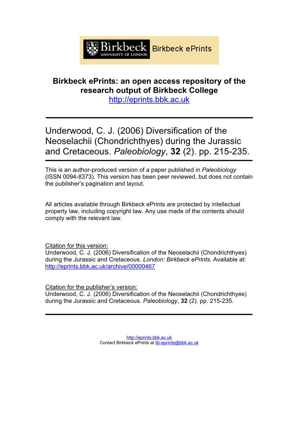 Underwood, CJ (2006) Diversification of the Neoselachii