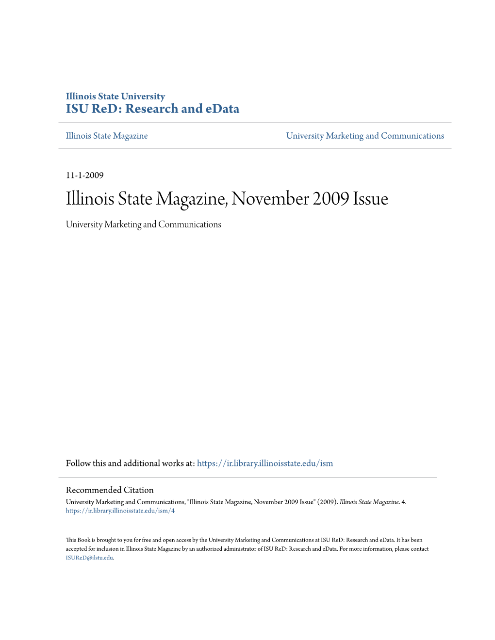 Illinois State Magazine, November 2009 Issue University Marketing and Communications