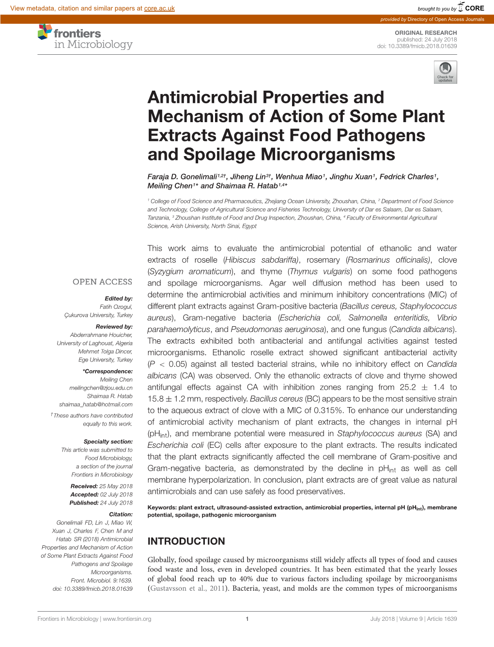 Antimicrobial Properties and Mechanism of Action of Some Plant Extracts Against Food Pathogens and Spoilage Microorganisms