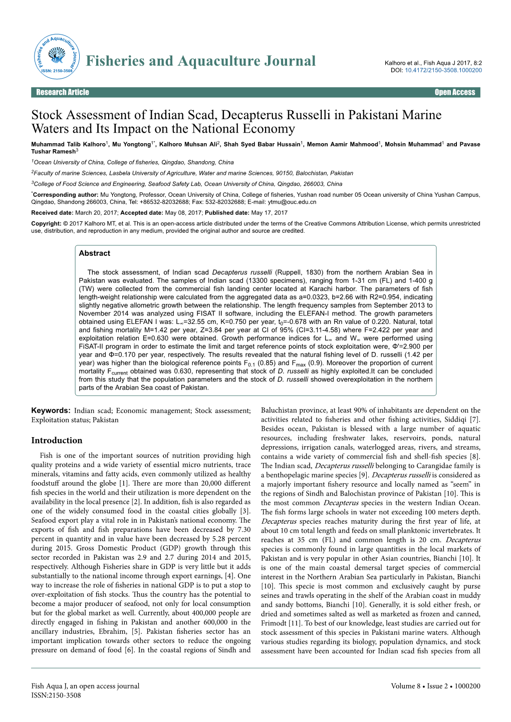 Stock Assessment of Indian Scad, Decapterus Russelli in Pakistani