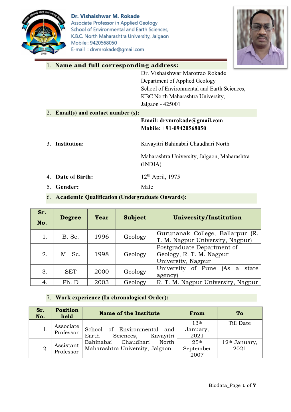 Dr. Vishaishwar Marotrao Rokade Department of Applied Geology School of Environmental and Earth Sciences, KBC North Maharashtra University, Jalgaon - 425001 2