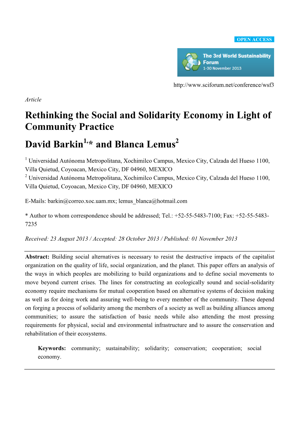 Rethinking the Social and Solidarity Economy in Light of Community Practice David Barkin * and Blanca Lemus