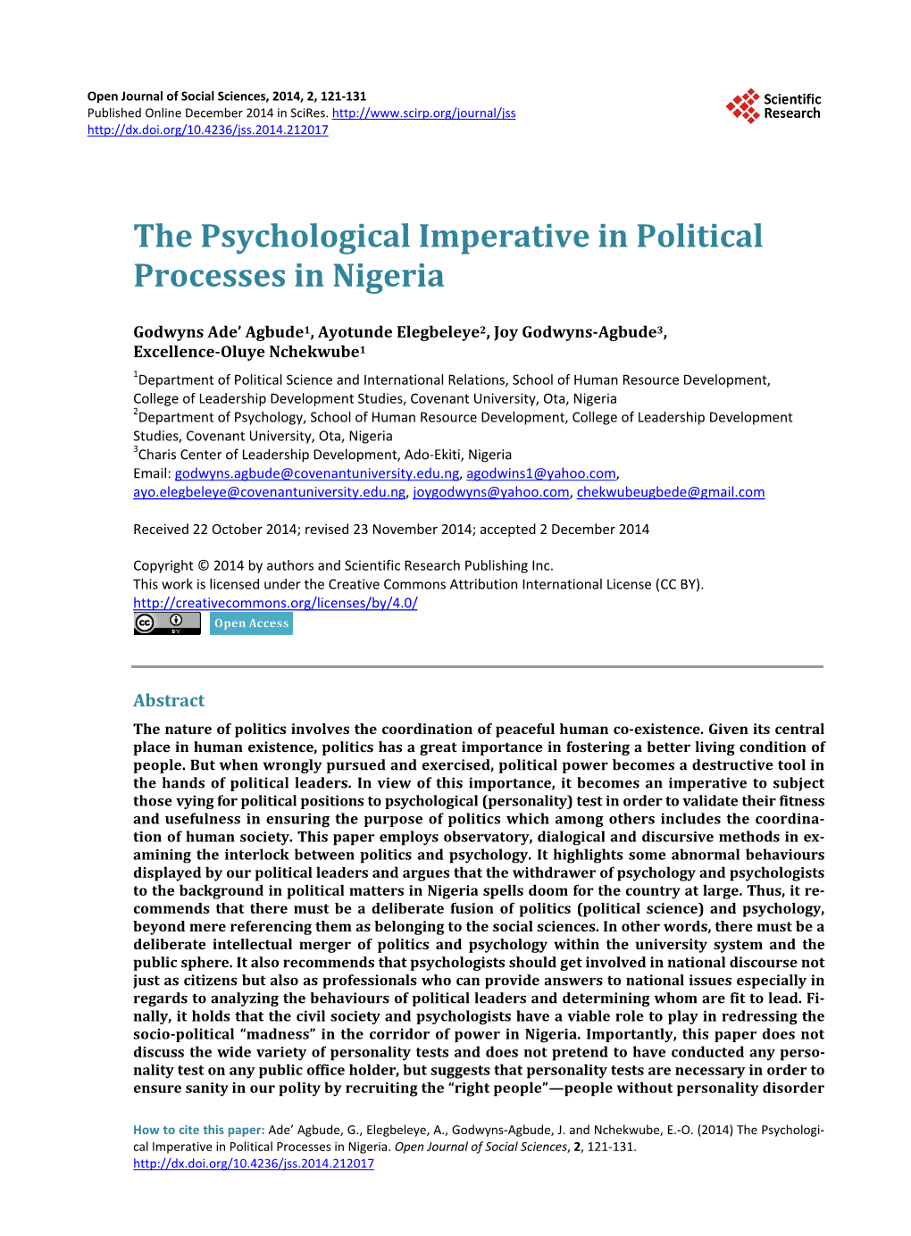 The Psychological Imperative in Political Processes in Nigeria