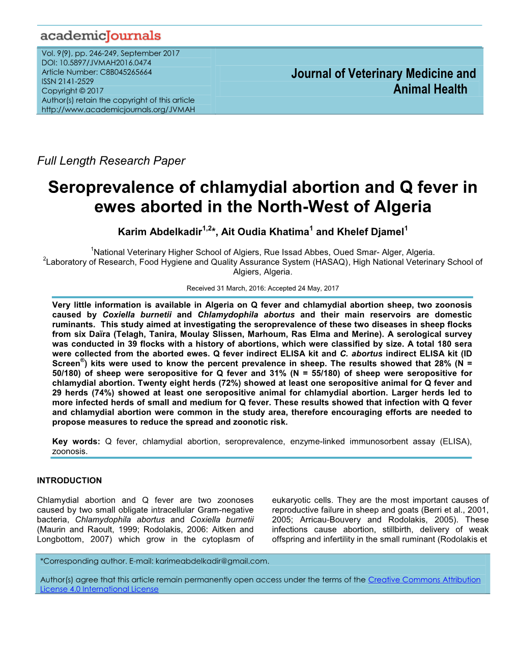 Seroprevalence of Chlamydial Abortion and Q Fever in Ewes Aborted in the North-West of Algeria