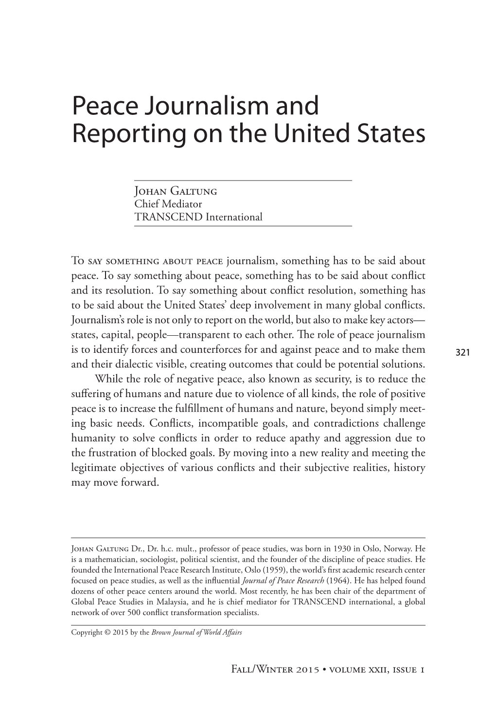 Peace Journalism and Reporting on the United States