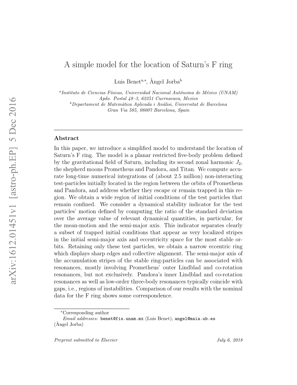 A Simple Model for the Location of Saturn's F Ring