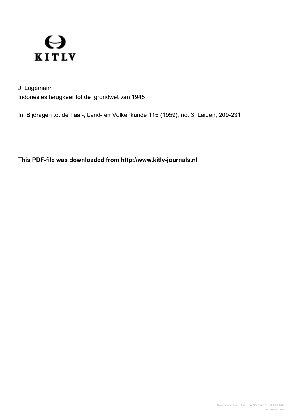 J. Logemann Indonesiës Terugkeer Tot De Grondwet Van 1945 In: Bijdragen