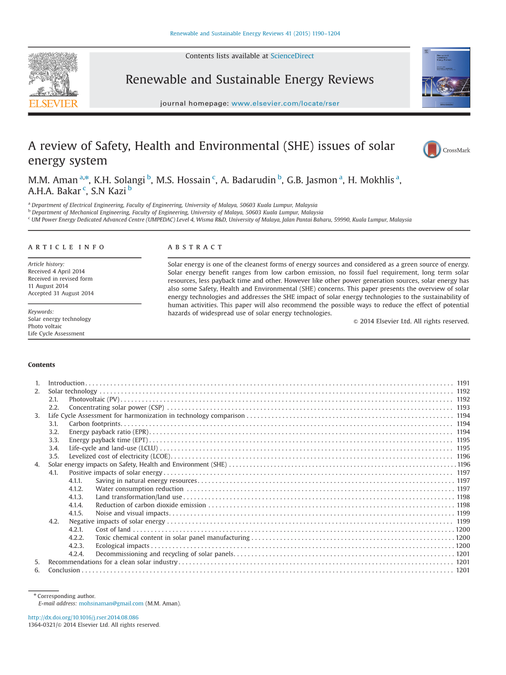 A Review of Safety, Health and Environmental (SHE) Issues of Solar Energy System