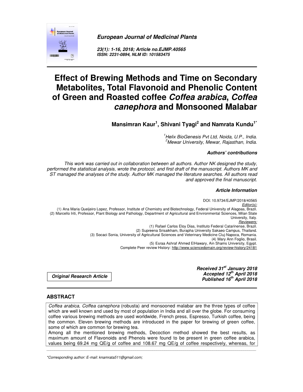 Effect of Brewing Methods and Time on Secondary Metabolites, Total