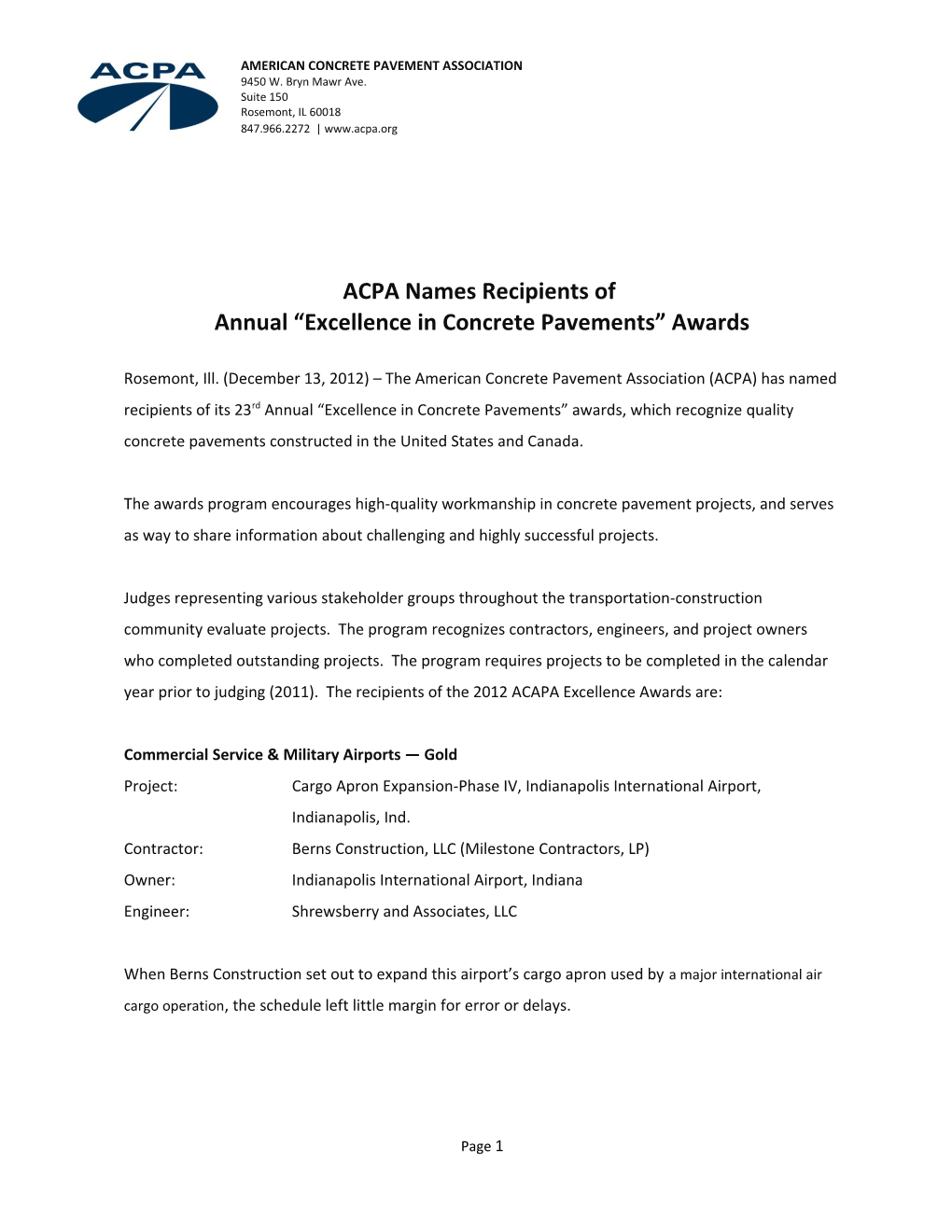 ACPA Names Recipients of Annual Excellence in Concrete Pavements Awards