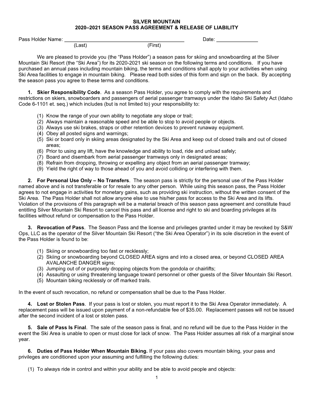 Silver Mountain 2020–2021 Season Pass Agreement & Release of Liability