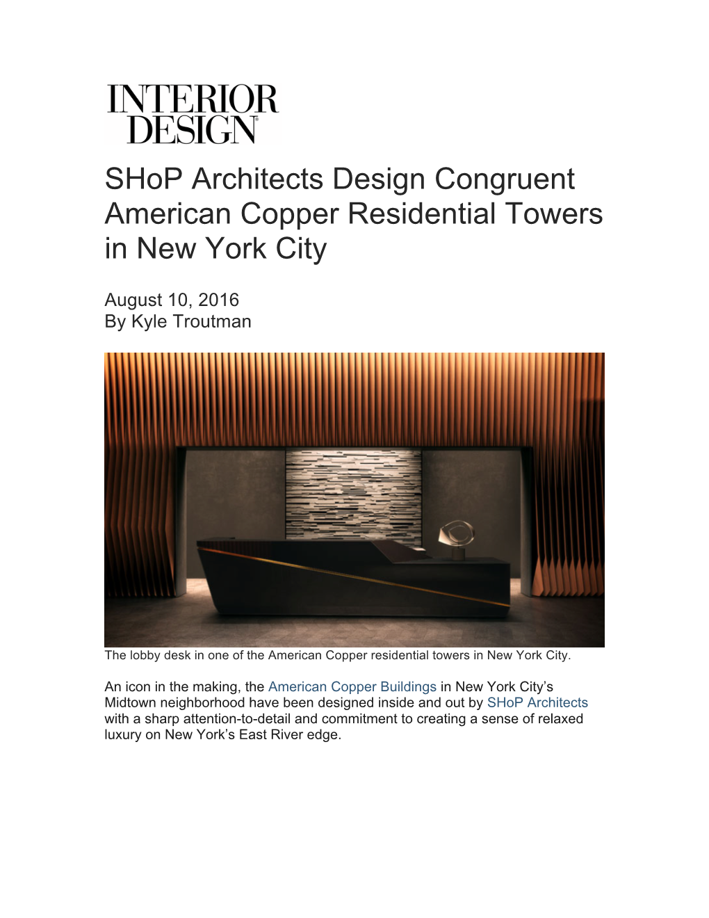 Shop Architects Design Congruent American Copper Residential Towers in New York City
