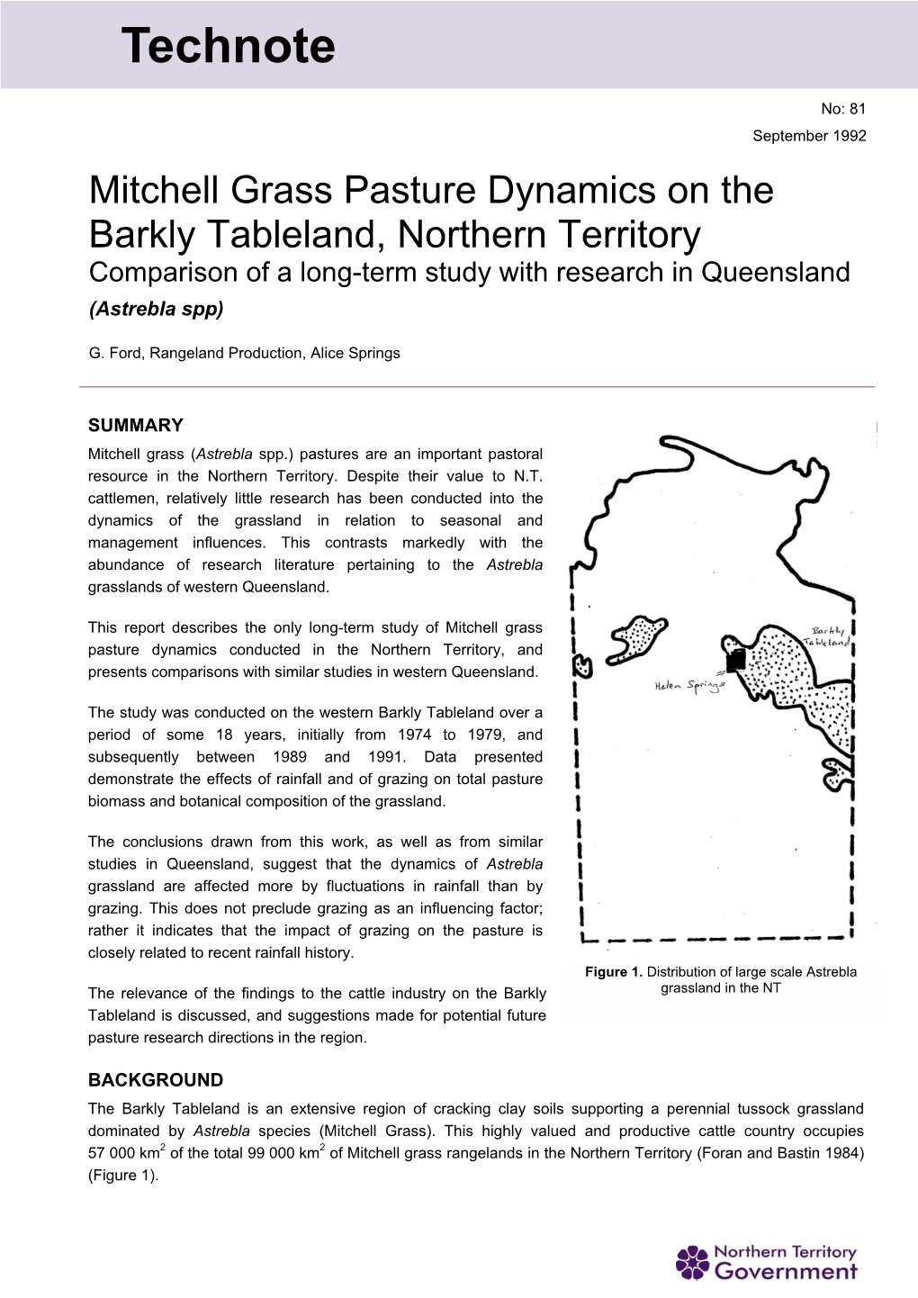 Mitchell Grass Pasture Dynamics on the Barkly Tableland, Northern Territory Comparison of a Long-Term Study with Research in Queensland (Astrebla Spp)