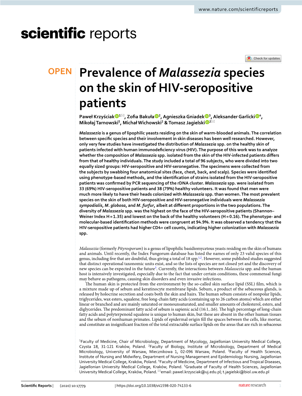 Prevalence of Malassezia Species on the Skin of HIV-Seropositive Patients