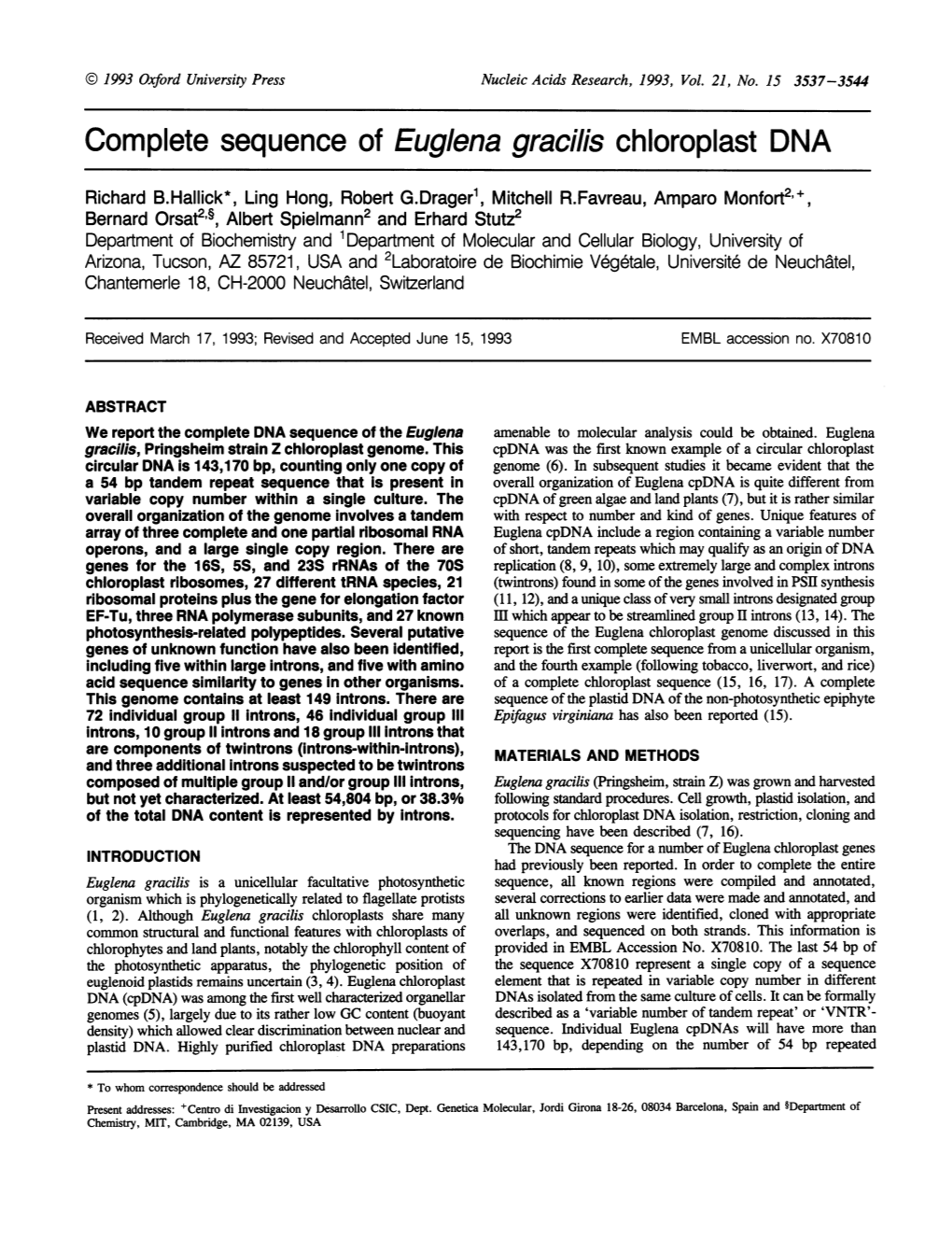 Complete Sequence of Eugena Gracilis Chloroplast DNA